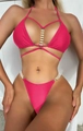 Detail of rose red bikini set featuring elegant pearl beads and golden link accents - S / Rose Red