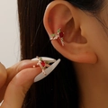 Rose gold hummingbird ear cuff with red pear-shaped stone and green crystals - Rose Gold Red Hummingbird Ear Cuff (A-481)