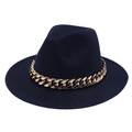 Detailed close-up of navy blue wool fedora hat with a bold gold chunky metal chain - Navy Blue