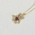 Gold teddy bear pendant necklace with purple heart zircon and pavé crystals - Purple Heart (XL2572-8)