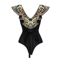 One-piece swimsuit in black with ruffled V-neck and golden Baroque print details - Single Ruffle Lace-up One-piece Swimsuit