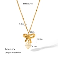 Bowknot 18K gold necklace with white freshwater pearl pendant and beaded chain - Gold Bowknot Pearl Necklace (YYN023341)