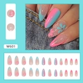 Detail of almond press-on nails with blue-pink gradient and glitter floral patterns - W601 Blue and Pink Floral (W601)