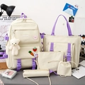 5-piece set of cream and purple nylon school backpacks for girls with bear pendant - Beige White 5-Piece Set