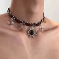Brown leather choker necklace featuring silver sun, moon and star charms with amber beads - Sun Leather Patchwork Necklace