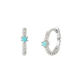 Macro detail of silver sterling hoop earrings featuring inlaid round turquoise stones - Silver Turquoise