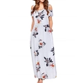 Detail of white floral maxi dress featuring cold-shoulder sleeves and side pockets - White With Black Flowers