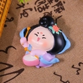 Q-version ancient lady figurine in pink and purple hanfu playing drums on burlap base - Purple Skirt Orange Flower Fridge Magnet