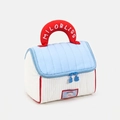 Quilted cosmetic travel bag with red handle and blue trim in a large capacity size - Blue House Organizer