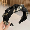 Stylish black fabric headband with golden embroidery and elegant twist-knot design - Black Braided Headband