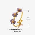 Adjustable gold stainless steel ring featuring three purple zircon flower motifs - 1.8cm (Adjustable) / Purple