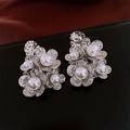 Macro detail of silver flower earrings with hammered texture and center white pearls - Silver Needle-Silver-Hammered Flower Pearl(27#)