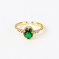 Detail of adjustable gold ring with emerald green stone and side micro-inlay crystals - Adjustable Open / Emerald Oval Solitaire Style(XJZ42)