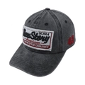 Close-up of vintage washed cotton baseball cap with patch embroidery and red number 49 - Adjustable / Black