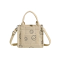 Bolso tote de pana beige con estampado de sonrisa negra y correa ajustable sobre fondo blanco - Cara sonriente