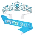 Blue rhinestone birthday queen crown with matching light blue glitter sash set - One Size / Set 8 (Silver Blue Rhinestone Crown + Light Blue Queen Sash)