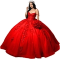Elegant red strapless ball gown with floral embroidery and tiered mesh skirt - XS / Red