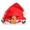 Red felt Christmas hat featuring a 3D cartoon reindeer with green holly leaf accents - Hands Up Reindeer Kids Style