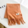 Soft solid color wool-like scarf in bright orange with fringe and brand label - Conch Orange / Over 175cm