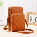 Brown quilted PU leather mobile phone crossbody bag with triple zipper and adjustable strap - Brown