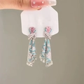 Pink heart crystal stud earrings with turquoise tassel drops on silver setting - 40# Silver Pin - Silver Blue Pink