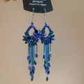 Detailed view of bohemian blue crystal beaded earrings with long metal chain tassels - Vintage Flower Cluster Tassel Style / Ear Hook-Blue-Flower