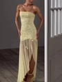 Elegantes gelbes Pailletten-Maxikleid mit hohem Schlitz und Rüschen für Abendpartys - S / Gelb