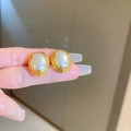 Detailed view of oval gold earrings with white pearl inlay and hammered metal texture - Oval Gold Border Pearlescent White Studs