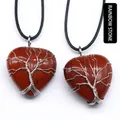 Red jasper heart pendant with silver wire-wrapped tree of life on black cord - Rainbow Stone (Silver)