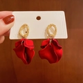 Elegant gold textured hoop earrings with multi-layered red flower petals for women - Red Petal