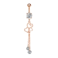 Macro shot of rose gold belly button ring with double chain and sparkling heart charms - 2751 Rose Gold Heart Tassel