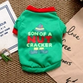 Close-up of green Christmas pet T-shirt with festive print and red contrast trim - Green