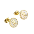18K gold stainless steel letter R stud earrings with white mother of pearl inlay - Letter R / Gold