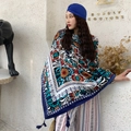 Ethnic bohemian navy blue shawl with floral prints and fringe tassels for beach sun protection - Blue Fantasy