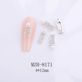Bijou d'ongle cœur 3D en alliage argenté avec petits cristaux et perle, taille 4x12mm - Rectangle Argent Perle Strass (8171)