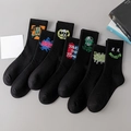 Pack of 7 black cotton mid-tube sports socks with diverse colorful street style graffiti - 7 Pairs (Styles 17, 20, 21, 23, 25, 29, 30)