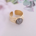 Vintage stainless steel open ring with round grey natural stone and gold wave carvings - Adjustable Open / Grey Moonstone (2#)