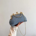 Chic blue tweed shell handbag with gold thread texture and metallic chain strap - Blue