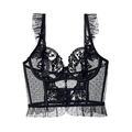 Top corset en dentelle noire brodée style français avec tulle à pois et bretelles volantées - S / Noir (Soutien-gorge uniquement)