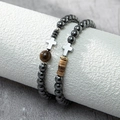 Hematite beaded bracelet set for men featuring silver cross charms and tiger eye stones - 22120311 Cross Set