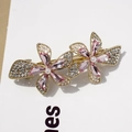 Elegant gold spring hair clip with pink crystal flowers and white pearl accents - Yao Fang Cherry Blossom Pink