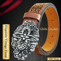 Dettaglio cintura in pelle vintage 38mm con fibbia floreale argento e goffratura - Stagno Antico Stile 16 / 120cm