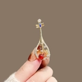 Golden Pipa lute brooch with clear crystals, red gemstone, and blue enamel detail - 394# Pipa