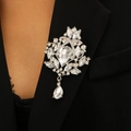 Silver vintage flower crystal brooch pin with drop pendant on black fabric - Silver Waterdrop Style (1429)