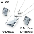 Silver stainless steel snake chain set with grey square glass stone necklace and earrings - Steel Grey (KS225760-GC)