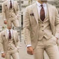 Slim fit three-piece men's suit in beige including blazer, vest, and trousers - XXS / Beige