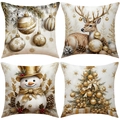 Pink and gold Christmas reindeer linen pillow cover with festive snowman and tree prints - Golden Snowman and Reindeer Style (YMA34) / 4 Pieces/Pack (45x45cm)