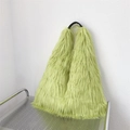 Chic light green faux fur tote bag with black round handle for Y2K autumn style - Olive Green