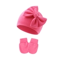 Detail of rose red infant knitted set showing soft cotton fabric texture on cap and gloves - Rose Red