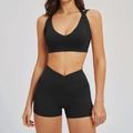 Zwarte yoga set voor dames met short met gekruiste taille en halter sportbeha fitness - S / Premium Zwart